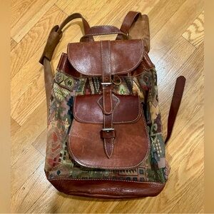 Vintage Leather and Patterned Fabric Backpack